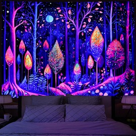 Amonercvita Blacklight Forest Tapestry UV Reactive Trees Tapestries Aesthetic Starry Moon Stars Tapestries Colorful Neon Plants Tapestry Wall Hanging for Bedroom