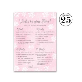 SNOWFLAKES Baby Shower Games — WHAT'S ON YOUR PHONE — Pack of 25 —WINTER Wonderland Baby Shower Game, Baby It’s Cold Outside Frost Holiday Pink Girl Baby Shower Activity Couples Co-ed Shower G780-PHN