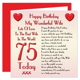 My Wife 75th Happy Birthday Card - Lots Of Love To The Best Wife In The World - 75 Today