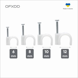 Cable Clips 200 Pcs - Cord Clips for Wall - White Cable Clamps Assortment Kit with Steel Nails (6 mm, 8 mm, 10 mm and 12 mm) - Mounting Clips for Round Cable & Wire, Indoor & Outdoor