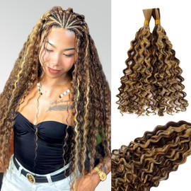 Boho Hair for Braiding 100g 12in Water Wave Ombre Human Braiding Hair 2 Bundle/Pack Curly Bulk Human Hair for Braiding Wet And Wavy No Weft P4/27 Highlight Brown Human Braiding Hair for Micro Braids