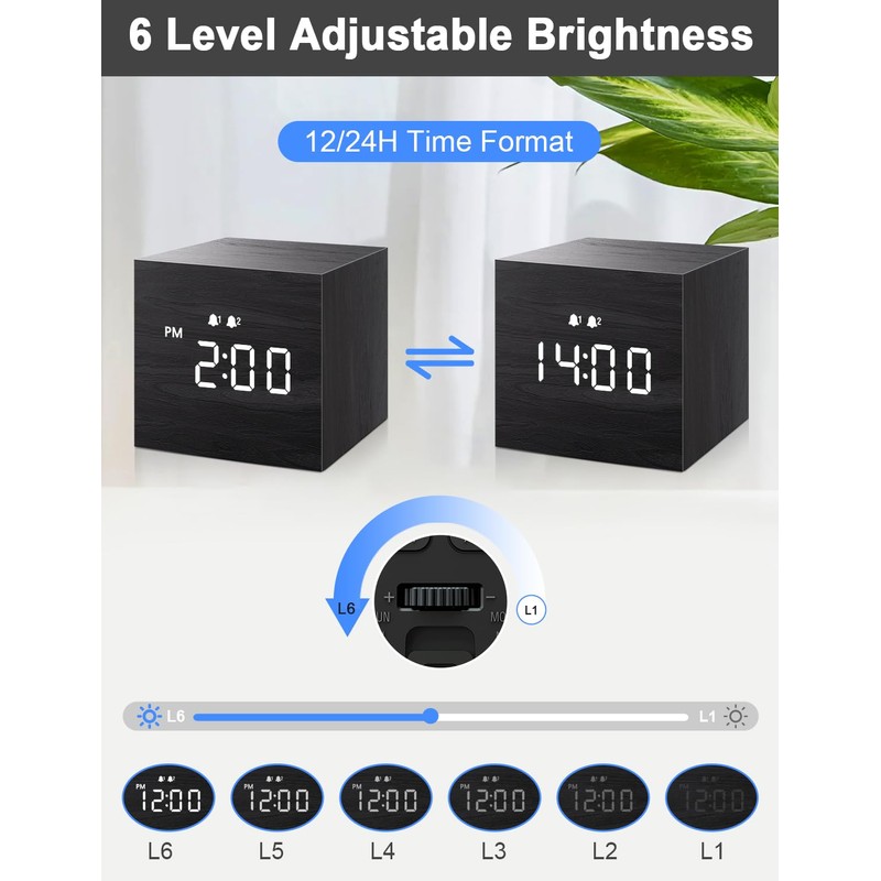 JALL Digital Alarm Clock, with Wooden Electronic LED Time Display,