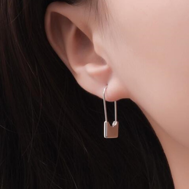 Sterling Silver Padlock Square Safety Pin Hoop Drop Cuff Earrings