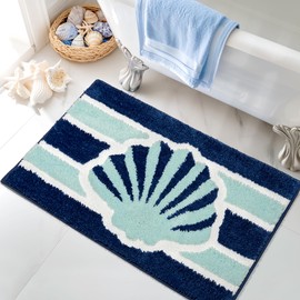 Tyrot Navy Blue Beach Bathroom Rugs Non Slip Washable Cute Coastal Bath Mats Rugs for Bathroom Floor Nautical Fluffy Plush Soft Absorbent Farmhouse Carpet for Shower, Tub, 20x32 inch