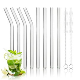 8 Pcs Reusable Glass Straws Shatter Resistant, 6” x 8mm Short Glass Drinking Straws with 2 Cleaning Brush, Including 4 Straight & 4 Bent Reusable Straws for Beverages, Juices, Milk, Coffee (Clear)