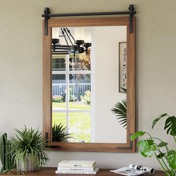 Mestikits 24x36 Inch Farmhouse Mirror for Bathroom, Brown Wood Framed