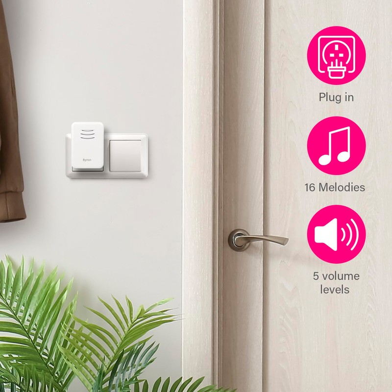 Byron Wireless Doorbell Set, Plug-In Chime, 150m Range, 16 Melodies,