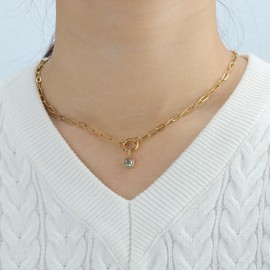 Joacii 14K Gold Plated Birthstone Cubic Zirconia Pendant Paper Clip Chain Necklace for Women with Adjustable Pendant Round Clasp Not Tarnish, Stainless Steel