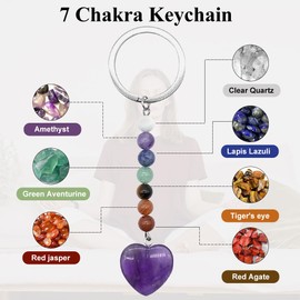 SwirlColor Crystal Keyring, 7 Chakra Amethyst Healing Crystal Keychain Natural Crystal Gemstone Heart Pendant Keyrings for Women Girls Bag Charms, with a Card