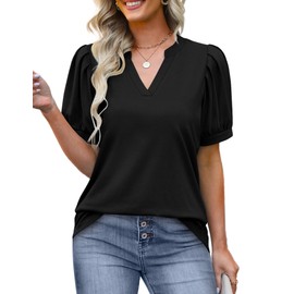 Plus Size Shirts for Women Summer V Neck Tunic Tops to Hide Belly Fat Puff Sleeve Tshirts 2024 Spring Black 3XL