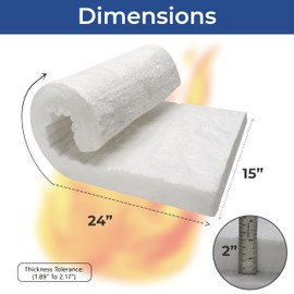 Ceramic Fiber Insulation Blanket - 2" Thick x 15" x 24", 8# 2400F Rated Fire Proof Insulation for Wood Stove Baffle, Furnace, Forge, Kiln, Chimney, Boiler, Fireplace, Dishwasher, Pizza Oven, More