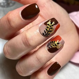 MERVF Press on Nails Medium Square Fall Deep Brown Fake Nail Glue ons Glitter Acrylic Nail Leaf Design Art French Tip Manicure Thanksgiving Supplies 24pcs Glossy