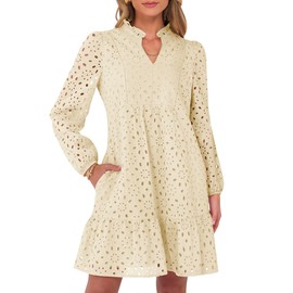 Caracilia Long Sleeve Dress for Women V Neck Hollow Out Eyelet Casual Fall Boho Flowy Swing Tiered Mini Vacation Dresses Small