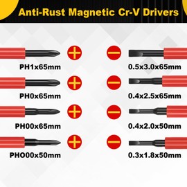 ToolinHand 1000V Mini Insulated Electrician Screwdriver Set 8-Piece, Magnetic Tip Mini Electrician Screwdriver Set Slotted(1.8mm,2.0mm2.5mm,3.0mm), Phillips: (PH1, PH0, PH00, PH000)