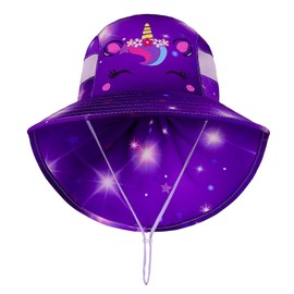 MHJY Kids Sun Hat Girls UV Protection Summer Hats Adjustable Beach Cap Unicorn Bucket Hats with Wide Brim Neck Flap for Toddlers 2-9 Years Dark Purple