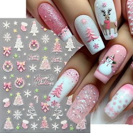 6Sheets Christmas Nail Art Stickers Snowflake Christmas Tree Nail Decals with Colorful Snowflake Pink Xmas Tree Snowball Firework Bow Nail Design DIY Christmas Nail Supplies Nail Decor for Women Girls