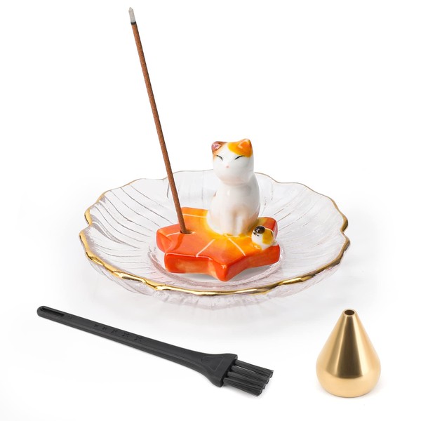 Segarty Incense Stand, No Spilling Ashes, Incense Plate, Pottery, Cute Cats, Broom Included, Incense Burner, Incense Holder, Simple, Japanese Style, Stylish, Easy Disposal of Ashes, Durable, High
