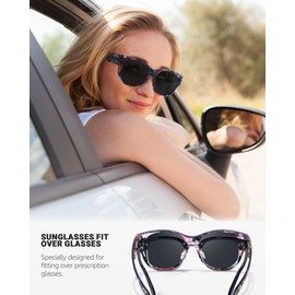 LVIOE Sunglasses for Glasses Wearers Women's Round Fit-Over Glasses with UV Protection, Rainbow Flower/Brown