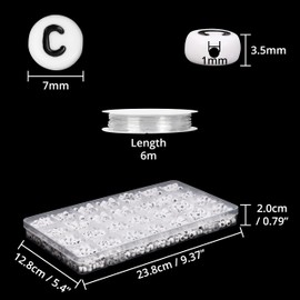 HANDI STITCH 1620 Pack White Plastic A-Z Alphabet Letter Beads with Storage Box - 7mm Round Bead with Black Letters & Crystal Thread - DIY Jewellery Charms for Making Bracelets, Necklaces & Crafts