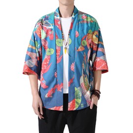 PRIJOUHE Mens Kimono Jacket Loose Fit Japanese Style 3/4 Sleeve Open Front Kimono Cardigan Coat Tops
