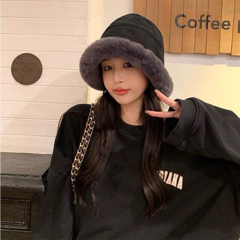 88flix Women's Bucket Hat, Fluffy, Korean, Small Face, Cold Protection,