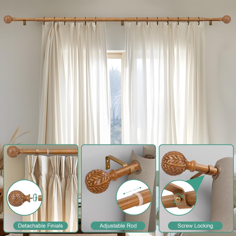 QDWIS Wood Curtain Rods for Windows 48 to 84 Inch,