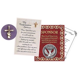 Confirmation Sponsor Pin Card - Coin Style Confirmation Sponsor Lapel Pin with Card, Catholic Emblem with Cross and Dove Design, The Lord's Prayer Card - Set of 3 Items