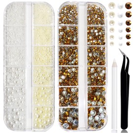 RODAKY 2 Boxes Flatback Pearls and Rhinestones for Crafting,Mixed Size Clear Gold AB Resin Rhinestones for Nail Gems Bedazzling,White & Beige Half Pearl for Nail Jewelry DIY Craft Nail Art Decoration