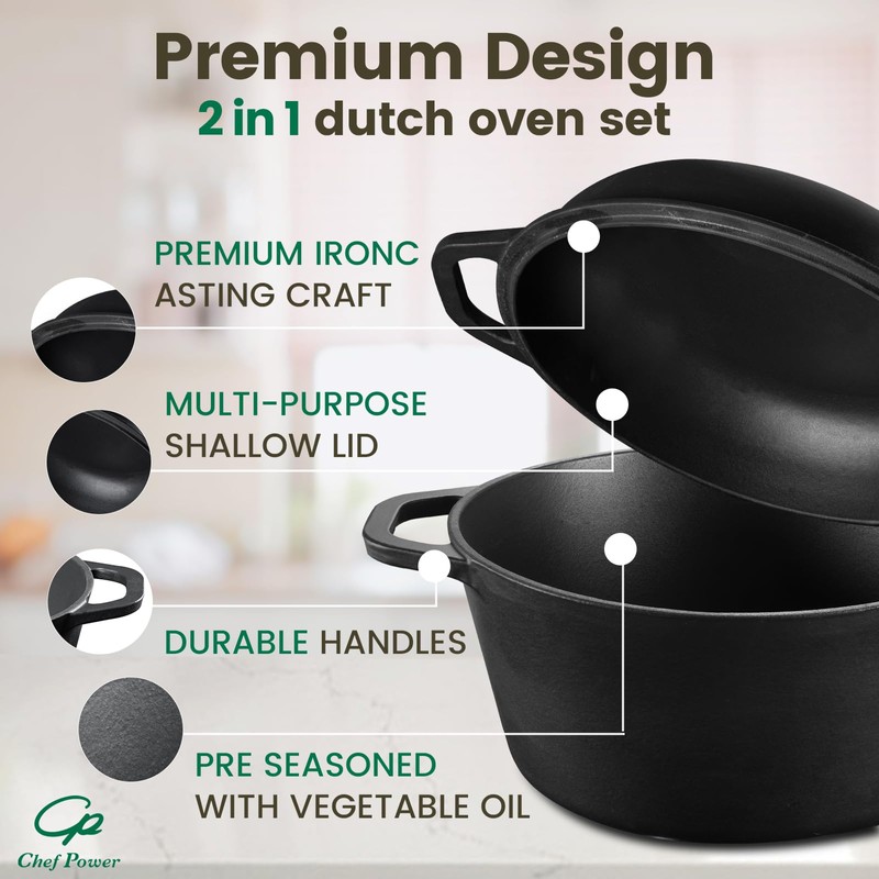 Chef Power 2-in-1 Cast Iron Dutch Oven with Skillet Lid,