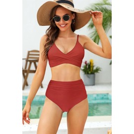 Amy Babe Women's High Waisted Bikini Sets Push Up Twist Front Spaghetti Straps Ruched Two Piece Swimsuit Bathing Suit Rust Red (XX-Large)