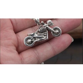 Fashion Jewelry MOTORCYCLE BIKER SKULL RIDER 2 Sided Pendant GERMAN Silver 20" Necklace Men Gift