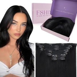 Fshine Extensiones Clip in Cabello 16 Pulgadas 40CM 120g Extensiones Negras Remy Cabello 7 Piezas Color 1 Extensiones de Pelo Natural Human Hair Color 1