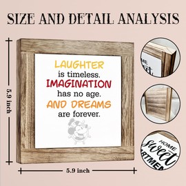 Inspirational Quote Wood Plaque Sign, Laughter Imagination Dreams Wooden Box Sign Desk Decor, Cute Mouse Shelf Table Office Decoration for Home Office Living Room Bedroom
