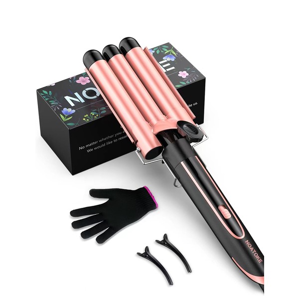 NOATOKE Curling Iron, Hair Waver Hair Crimper with PTC Fast Heating Hairstyler Curler Crimper with Dual Adjustable Temps Dual Voltage Auto Shut-Off and Anti-Scald Tip (3 Barrel, Rose Gold)