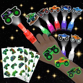 72 PCS Monster Truck Party Favors – 48 PCS Tattoos & 24 PCS LED Finger Lights Combo – Birthday Goodie Bag Fillers, Party Supplies, Gifts Light Up Toys Glow In The Dark for Boys and Girls