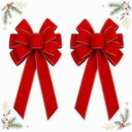 Large Red Velvet Christmas Bows with Gold Edge, 11.4 x 19.6 Inch, 2 Pack, for Wreath, Tree Topper, Front Door Holiday Decor (Red)