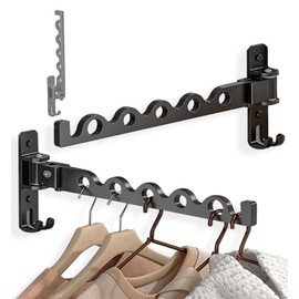 Dr.DJ Wall Hanger for Clothes, Coat Hanger Wall Mounted Matte Black Retractable Clothes Drying Organizer Rack Garment Hooks Aluminium Folding Indoor Wall Space Saver (2 Racks) Black