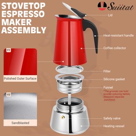 Suiitat Moka Pot, 6 Cups (10.6 oz) Stovetop Espresso Maker, 304 Stainless Steel Moka Pot, Induction Compatible, Red