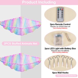 Basumee Stuffed Animals Net or Hammock with LED Light Hanging Toy Net Hammock for Stuffed Animals Storage Stuff Animals Hammocks for Nursery Kids Room with Remote Control, 8 Kinds of Lights(Pack of 2)