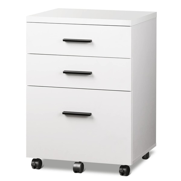 DEVAISE 3 Drawer File Cabinet for Home Office, Wood Under Desk Filing Cabinet, Rolling Printer Stand with Wheels, White