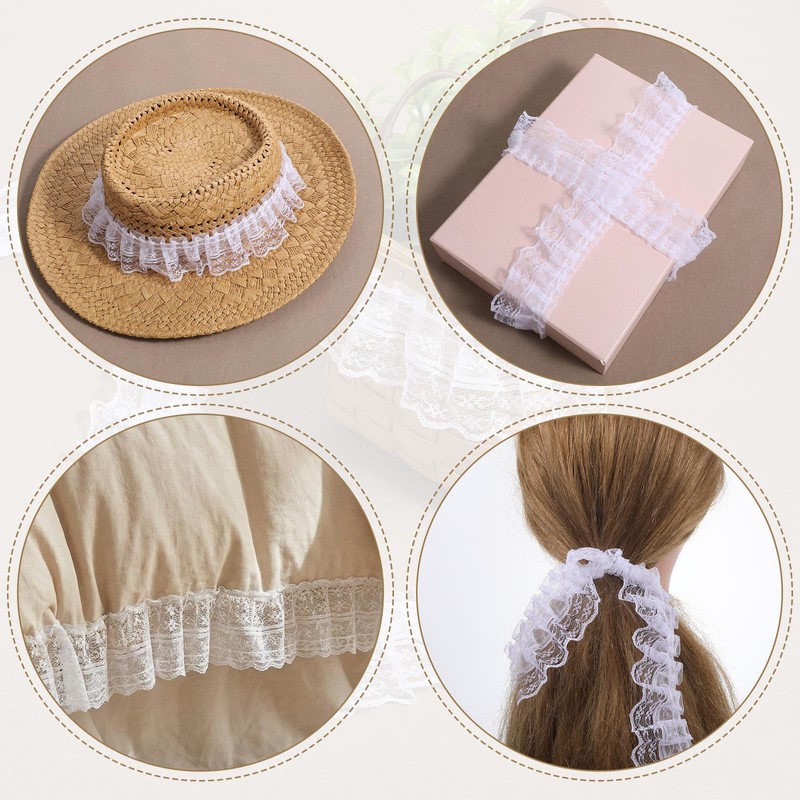 White Lace Ribbon, 2-Layer Pleated Edge White Lace Ruffle Trim