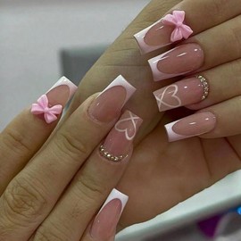 French Tip Press on Nails Fake Nails with Pink Bow Heart Pink V-Shaped French Bow Charms Design Medium Square Nude Acrylic Nails Rhinestones Nails Heart Nails Press Ons for Women 24Pcs