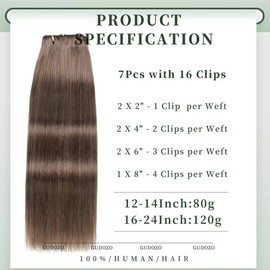 GUDOZO Clip-In Human Hair Extensions, 7 Pieces, 35 cm, 80 g, Invisible Clip Extensions, Human Hair Clip Extensions, Skin Weft Hair Extension (14 Inches, M2/6/613#)