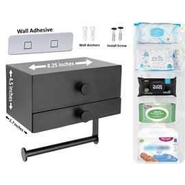 Modern Toilet Paper Holder with Storage Drawers - Toilet Paper and Wipes Holder for Bathroom - Aluminum TP Holder with Shelf and Drawers - Adhesive or Wall Screw Mounting - (Black/Black Knobs)