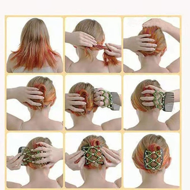 LOVEF Women Magic Hair Combs Wood Beaded Stretch Double Side