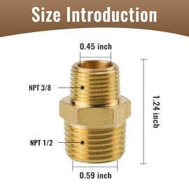 Angry Pony brass hex nipple, NPT 1/2 male to NPT 3/8 male pipe adapter for copper aluminum iron pipe, 6 pcs