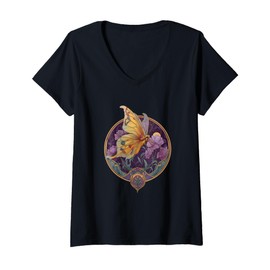 Womens Enchanted Garden Butterfly with Moon Accent V-Neck T-Shirt