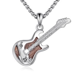 CUPENDA Wood Guitar Necklace 925 Sterling Silver Guitar Punk Pendant Wooden Music Hip Hop Jewelry for Women Men Bff