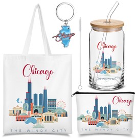 Chuangdi 4 Pcs Chicago Travel Gifts Set Canvas Bag Cosmetic Bag 16 oz Tumbler and Keychain Chicago City Souvenirs Gifts for Traveler Friend Lover Sister