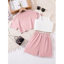 Ecolala Girl's Summer 3 Piece Outfits Graphic Short Sleeve Crop Top Cami and Shorts Clothes Set Pink 7-8Y